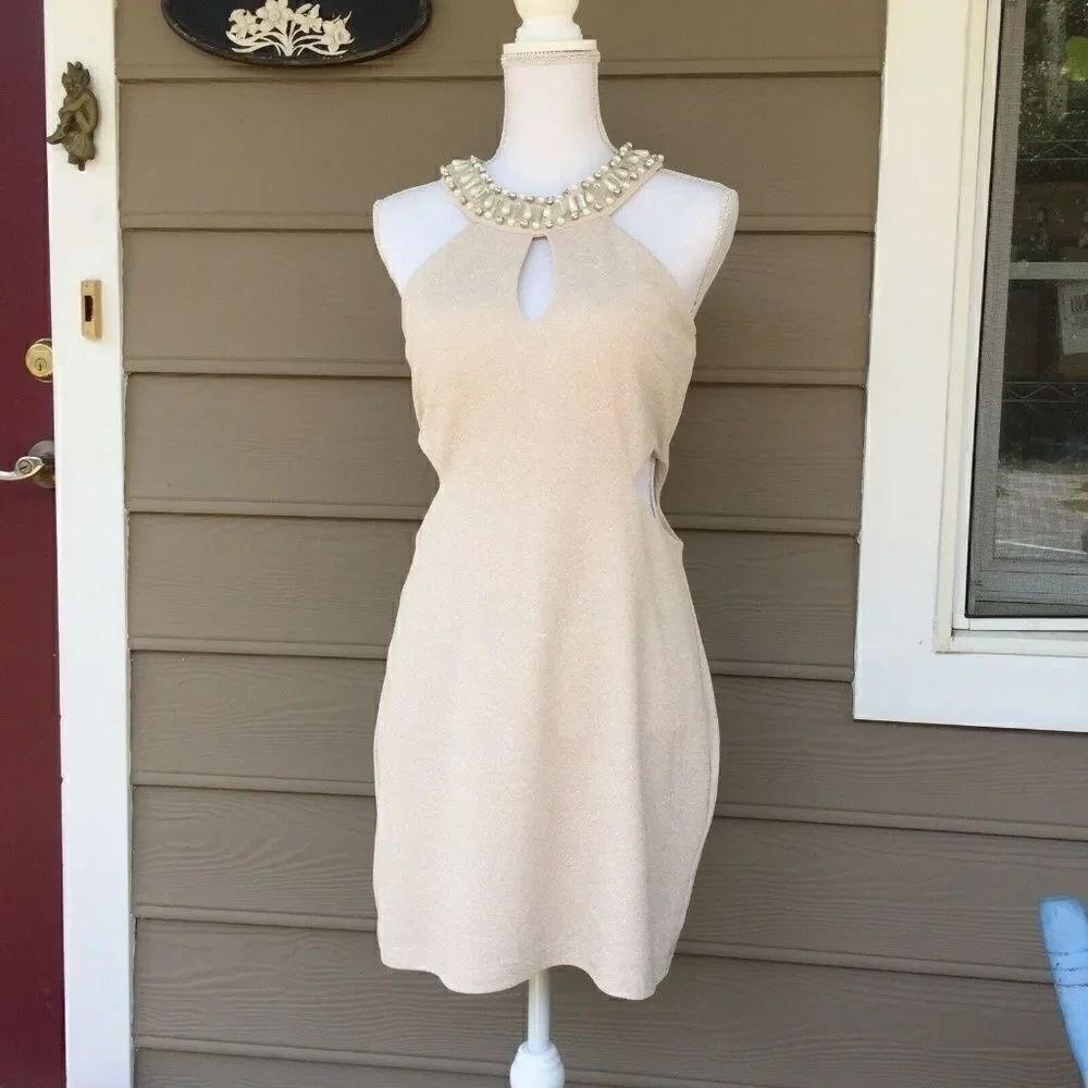 Beaded Choker Keyhole Cutout Cream White Sleeveless Mini Dress Y2K
